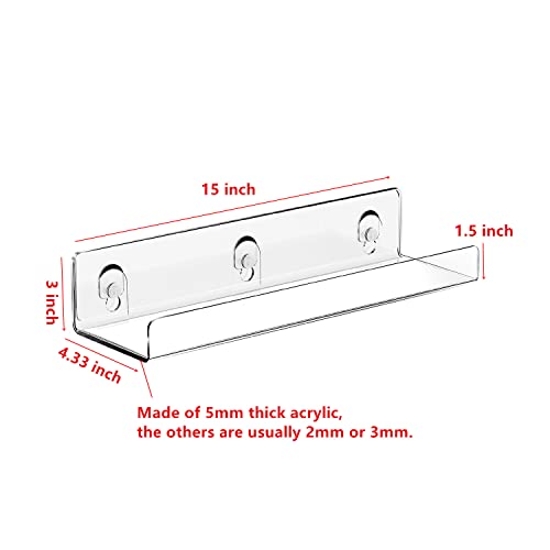 JiePai Acrylic Floating Wall Shelf Bookshelf 15 Inch,Wall Mounted Nursery Kids Bookshelf, Invisible Spice Rack, Clear Thick Bathroom Storage Shelves Display Organizer,2 PCS