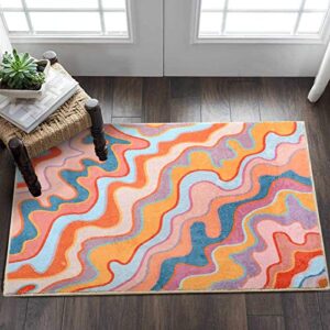 YoKii Vintage Abstract Area Rug 3x5 Faux Wool Hippie Aesthetic Colorful Striped Geometric Non-Slip Throw Rugs Carpet for Kitchen Entryway Rubber Backed, Orange and Blush