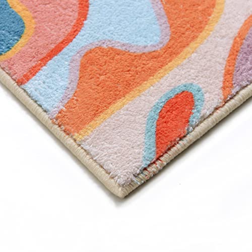 YoKii Vintage Abstract Area Rug 3x5 Faux Wool Hippie Aesthetic Colorful Striped Geometric Non-Slip Throw Rugs Carpet for Kitchen Entryway Rubber Backed, Orange and Blush