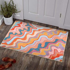 YoKii Vintage Abstract Area Rug 3x5 Faux Wool Hippie Aesthetic Colorful Striped Geometric Non-Slip Throw Rugs Carpet for Kitchen Entryway Rubber Backed, Orange and Blush