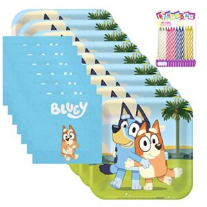 amscan bluey party supplies pack serves 16: bluey birthday party supplies; bluey 7″ dessert plates & beverage napkins with birthday candles (bundle for 16)