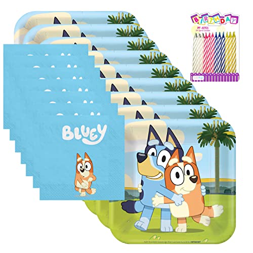 Amscan Bluey Party Supplies Pack Serves 16: Bluey Birthday Party Supplies; Bluey 7" Dessert Plates & Beverage Napkins with Birthday Candles (Bundle for 16)