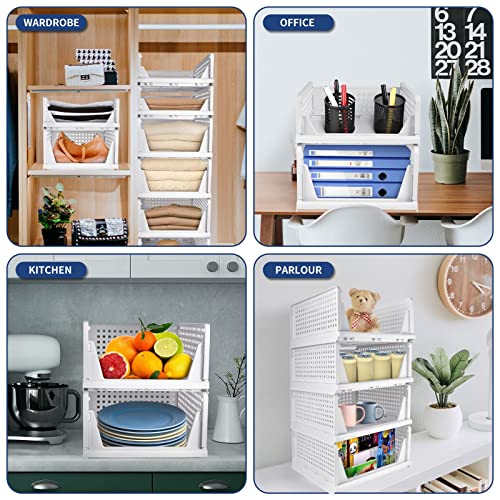 mupera Stackable Plastic Storage Basket - Upgrade Collapsible Shelf Baskets(2023 New), Stackable Plastic Clothes Storage Bins, Foldable Storage Box Folding Drawer for Home Office Multiple Uses