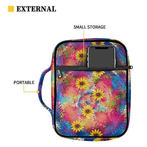 Coldinair Sunflower Tie Dye Print Bible Cover for Women,Book Carrying Bag Scripture Case Church Bag Bible Protective with Handle and Zippered Pocket,Bible Accessories