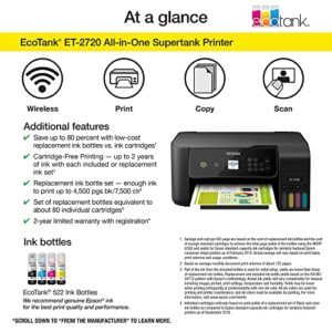Epson EcoTank ET-2720 All-in-One Supertank Wireless Color Inkjet Printer for Home Office, Black - Print Scan Copy - 10.5 ppm, 5760 x 1440 dpi, Voice Activated, Borderless Photo Printing, Ethernet
