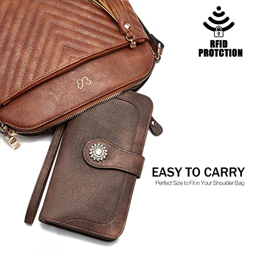 BROMEN Leather Wallets for Women RFID Blocking Large Capacity Credit Card Holder Clutch Purse Wristlet Coffee