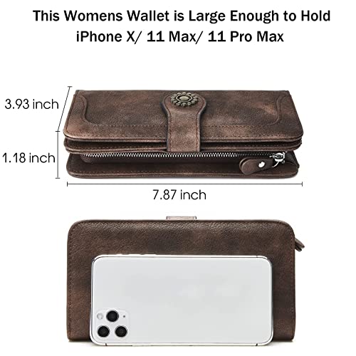 BROMEN Leather Wallets for Women RFID Blocking Large Capacity Credit Card Holder Clutch Purse Wristlet Coffee