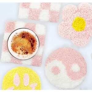 Coasters for Drinks, Handmade Preppy Tufted Pink Pastel Smily Face Rug Cute Aesthetic Home Room Decor Coffee Table Gift 4Pcs