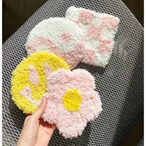 Coasters for Drinks, Handmade Preppy Tufted Pink Pastel Smily Face Rug Cute Aesthetic Home Room Decor Coffee Table Gift 4Pcs