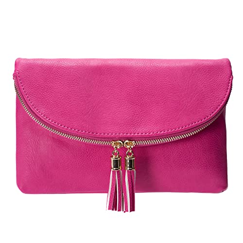 Solene Womens Envelop Clutch Purse Multi Compartments, 6 Card Slot Inside, Crossbody Bag With Tassels (WU075 - Fuchsia)