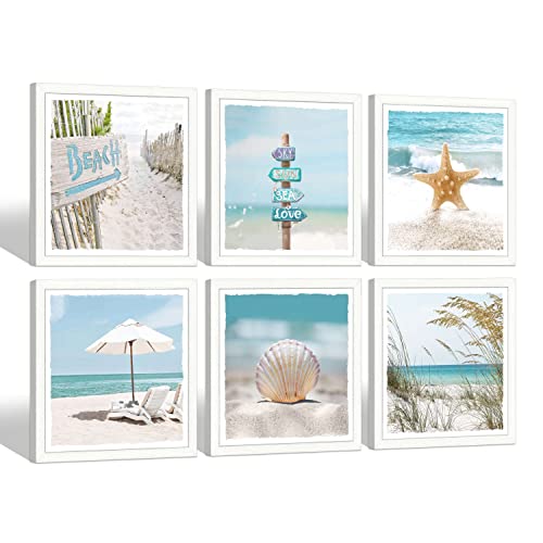 Beach Wall Art for Bathroom: Ocean Seashell Framed Picture and Coastal Seascape Seaweed Artwork landscape Painting Print on Seaside Photo Bedroom Living Room (13''x13'')