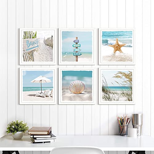 Beach Wall Art for Bathroom: Ocean Seashell Framed Picture and Coastal Seascape Seaweed Artwork landscape Painting Print on Seaside Photo Bedroom Living Room (13''x13'')