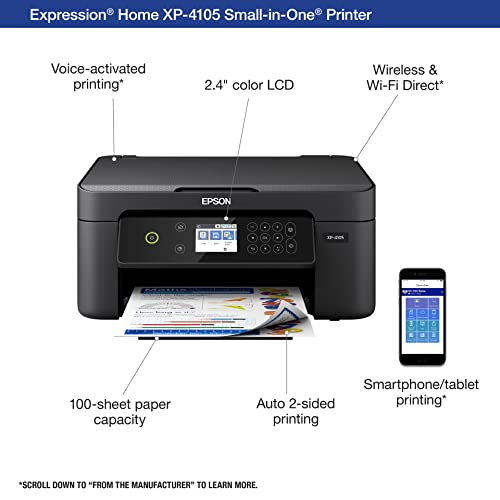 Epson Expression Home XP-4105 Wireless All-in-One Color Inkjet Printer, Black - Print Copy Scan - 10.0 ppm, 5760 x 1440 dpi, 2.4" LCD, Auto 2-Sided Printing, Voice Activated, DAODYANG Printer_Cable