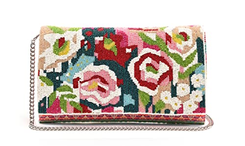 America and Beyond Geo Floral Beaded Flap Clutch Handbag Pink Purple Cream Bag NEW