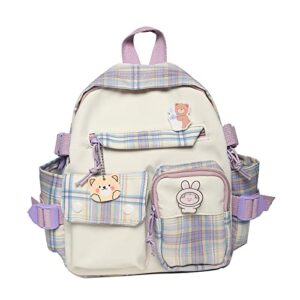 ncduansan kawaii schoolbag student backpack plaid casual nylon fresh and sweet cute girl portable backpack with pendant(purple)