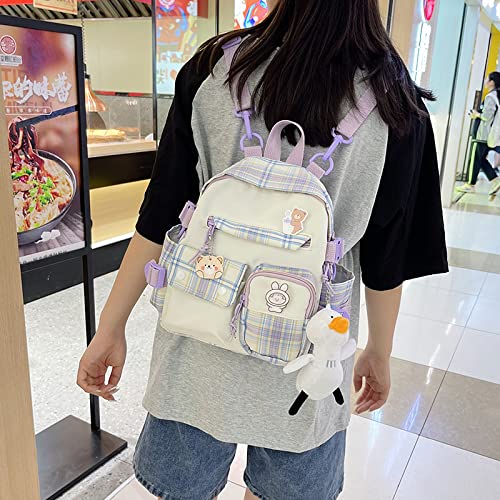 NCDUANSAN Kawaii Schoolbag Student Backpack Plaid Casual Nylon Fresh and Sweet Cute Girl Portable Backpack with Pendant(Purple)