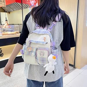 NCDUANSAN Kawaii Schoolbag Student Backpack Plaid Casual Nylon Fresh and Sweet Cute Girl Portable Backpack with Pendant(Purple)