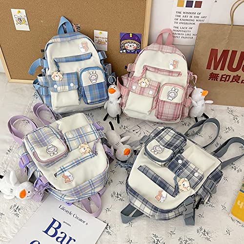 NCDUANSAN Kawaii Schoolbag Student Backpack Plaid Casual Nylon Fresh and Sweet Cute Girl Portable Backpack with Pendant(Purple)