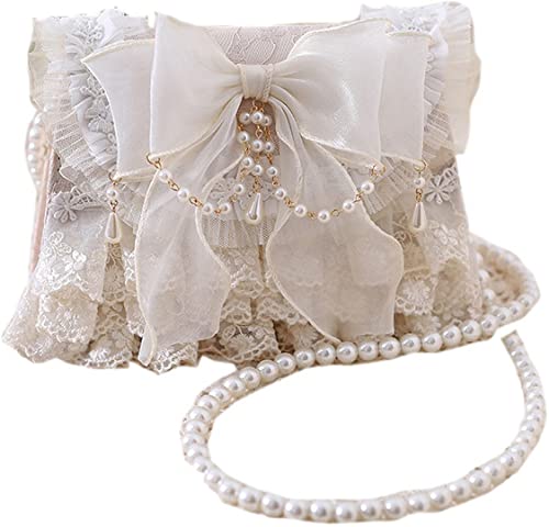 QZUnique Lolita Shoulder Bag, Handmade Crossbody Tote Bags with Lace Bow, Fashion Casual Handbags for Women, Stylish Purse with Pearl Shoulder Straps