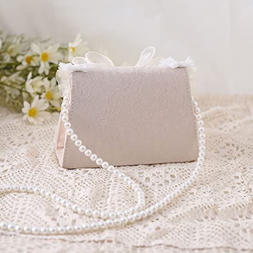 QZUnique Lolita Shoulder Bag, Handmade Crossbody Tote Bags with Lace Bow, Fashion Casual Handbags for Women, Stylish Purse with Pearl Shoulder Straps