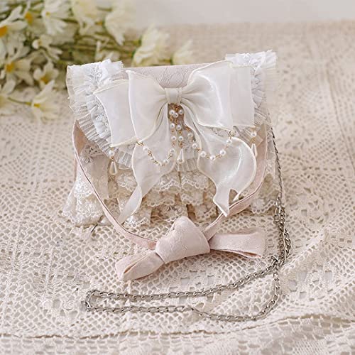 QZUnique Lolita Shoulder Bag, Handmade Crossbody Tote Bags with Lace Bow, Fashion Casual Handbags for Women, Stylish Purse with Pearl Shoulder Straps