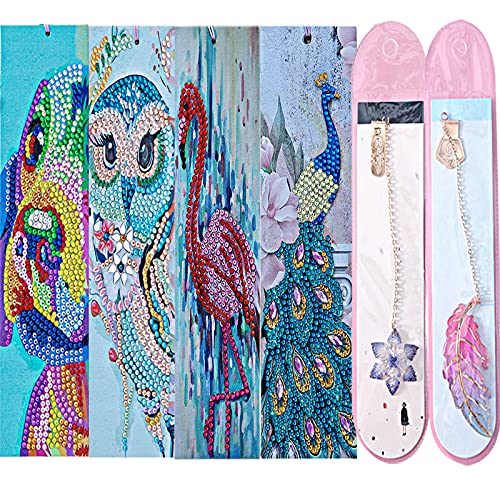 Diamond Painting Bookmarks 4 Sets Animal 5D Diamond Bookmarks with Unique Pendant Diamond Painting Kits for Kids Adults Beginners