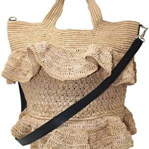 SENSI STUDIO, Ruffle Tall Bag, OS, Beige Straw / Black Leather