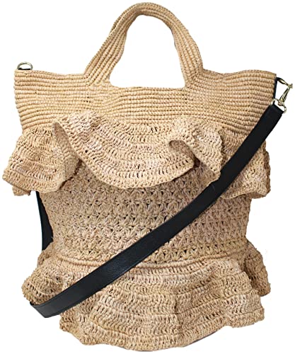 SENSI STUDIO, Ruffle Tall Bag, OS, Beige Straw / Black Leather