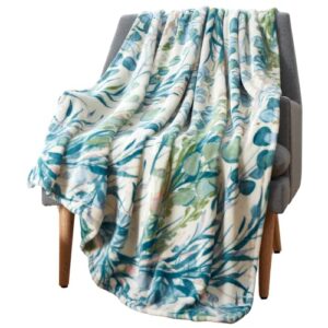 watercolor botanical green throw blankets: soft plush floral leaf accent for sofa couch chair bed or dorm, color: green teal blue pink white (serenity)