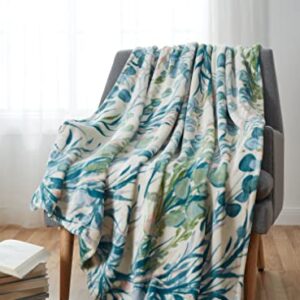 Watercolor Botanical Green Throw Blankets: Soft Plush Floral Leaf Accent for Sofa Couch Chair Bed or Dorm, Color: Green Teal Blue Pink White (Serenity)