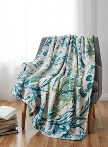 Watercolor Botanical Green Throw Blankets: Soft Plush Floral Leaf Accent for Sofa Couch Chair Bed or Dorm, Color: Green Teal Blue Pink White (Serenity)