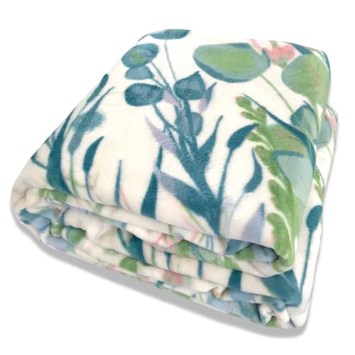 Watercolor Botanical Green Throw Blankets: Soft Plush Floral Leaf Accent for Sofa Couch Chair Bed or Dorm, Color: Green Teal Blue Pink White (Serenity)