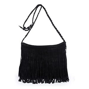 Hippie Suede Fringe Tassel hobo styles retro fashion shoulder Vintage Messenger bag Womens Sling Bag (Black)