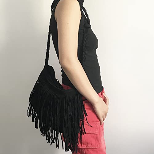 Hippie Suede Fringe Tassel hobo styles retro fashion shoulder Vintage Messenger bag Womens Sling Bag (Black)