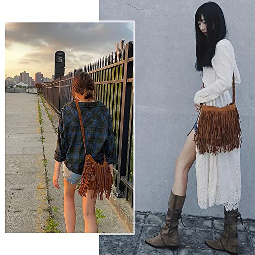 Hippie Suede Fringe Tassel hobo styles retro fashion shoulder Vintage Messenger bag Womens Sling Bag (Black)