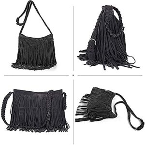 Hippie Suede Fringe Tassel hobo styles retro fashion shoulder Vintage Messenger bag Womens Sling Bag (Black)