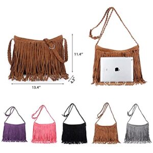 Hippie Suede Fringe Tassel hobo styles retro fashion shoulder Vintage Messenger bag Womens Sling Bag (Black)