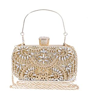 Covelin Women's Rhinestone Decorated Evening Bag, Tote Shoulder Crossbody Handbag with Chain Golden