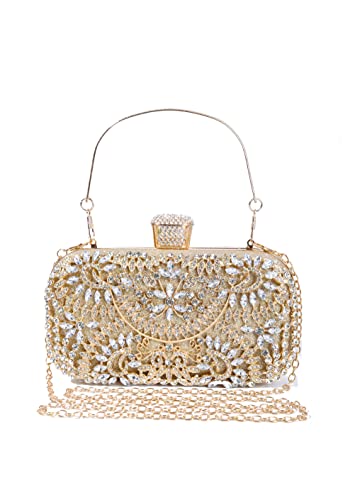 Covelin Women's Rhinestone Decorated Evening Bag, Tote Shoulder Crossbody Handbag with Chain Golden