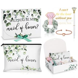 7 pieces wedding themed supplies include maid of honor proposal box maid of honor canvas makeup bags green satin scrunchie white gold diamond pen bracelet white raffia grass with card for wedding
