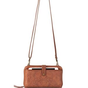 The Sak Iris Large Smartphone Crossbody Bag in Leather, Detachable Wristlet Strap, Tobacco Floral Embossed II