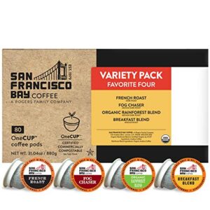 san francisco bay compostable coffee pods – original variety pack (80 ct) k cup compatible including keurig 2.0, french, breakfast, fog, organic rainforest