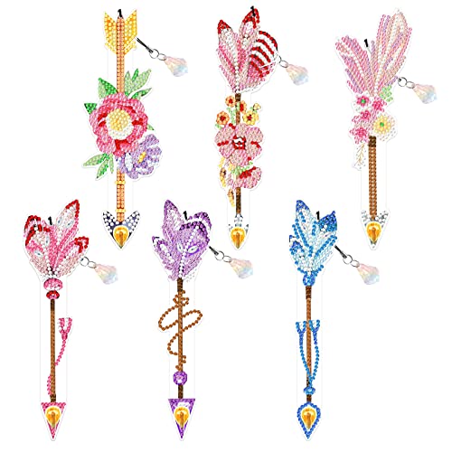 LUSandy 6Pcs 5D Diamond Painting Bookmarks Kits 7.9inch DIY Crystal Flowers Arrows Diamond Art Acrylic Bookmark with Tassel Crystal Pendant Bookmark for Home Office School Read & Crafts Lovers