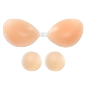 amflower adhesive bra invisible self adhesive strapless bra silicone push up with nipple covers reusable for backless dress nude, 30-38c