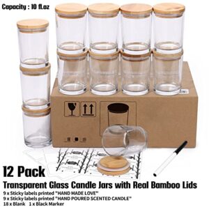 Aminigram 12 Pack, 10 OZ Clear Candle Jars with Bamboo Lids, Empty Glass Candle Jars for Making Candles, Morden Kitchen Bathroom Small Things Container - Bonus 36 Sticky Labels