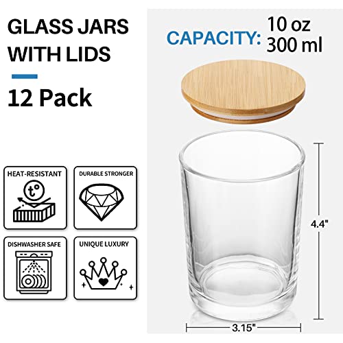 Aminigram 12 Pack, 10 OZ Clear Candle Jars with Bamboo Lids, Empty Glass Candle Jars for Making Candles, Morden Kitchen Bathroom Small Things Container - Bonus 36 Sticky Labels