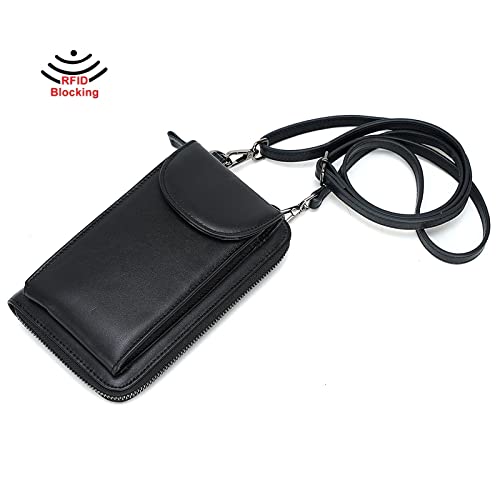 Niaiu Full Grain Leather Cell Phone Purse, Black Leather Small Crossbody Bags for Women, Lightweight Cute Purses for teen girls with RFID Blocking