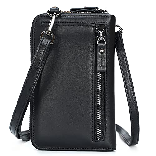 Niaiu Full Grain Leather Cell Phone Purse, Black Leather Small Crossbody Bags for Women, Lightweight Cute Purses for teen girls with RFID Blocking