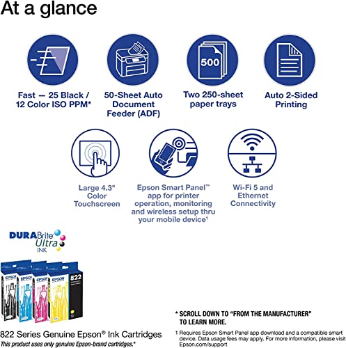 Epson Workforce Pro WF-4833 Wireless All-in-One Color Inkjet Printer, Black - Print Scan Copy Fax - 4.3" LCD, 25 ppm, 4800 x 2400 dpi, Auto 2-Sided Printing, 50-sheet ADF, 500-Sheet Capacity, Ethernet