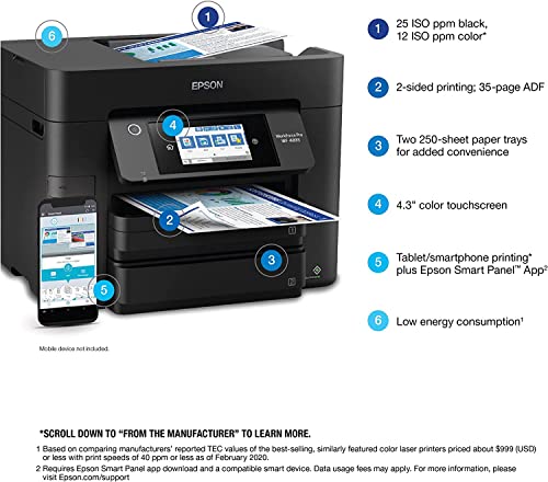 Epson Workforce Pro WF-4833 Wireless All-in-One Color Inkjet Printer, Black - Print Scan Copy Fax - 4.3" LCD, 25 ppm, 4800 x 2400 dpi, Auto 2-Sided Printing, 50-sheet ADF, 500-Sheet Capacity, Ethernet